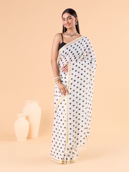 Viscose Saree with Black Dots and Golden Border