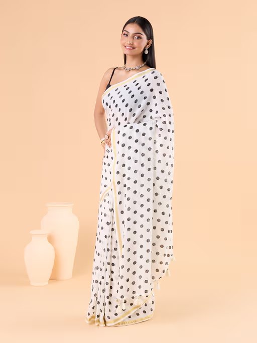 Viscose Saree with Black Dots and Golden Border
