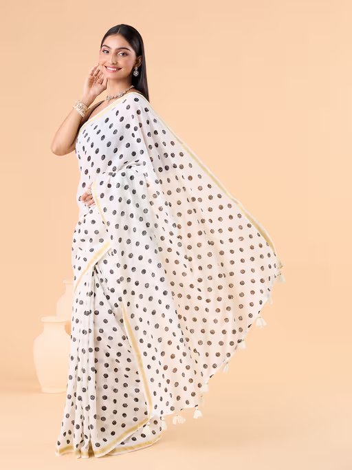 Viscose Saree with Black Dots and Golden Border