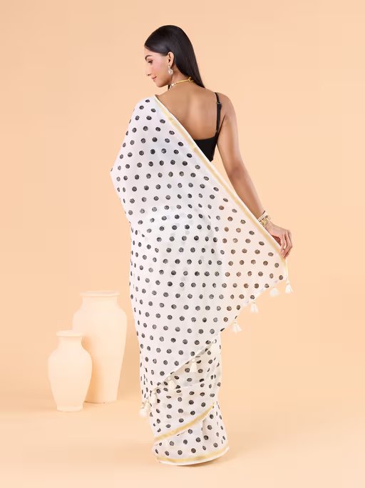 Viscose Saree with Black Dots and Golden Border