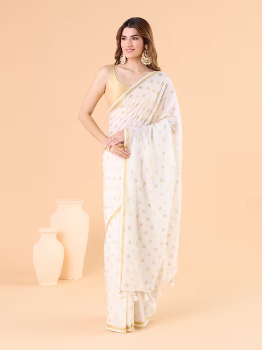 Viscose Saree with Golden Buti Dots and Elegant Golden Border