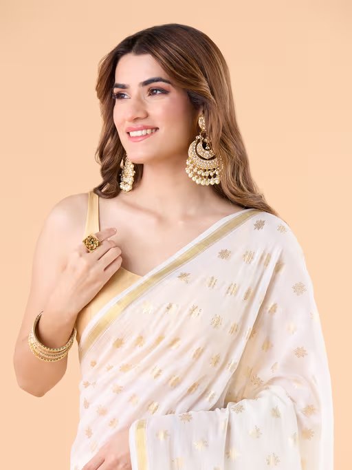 Viscose Saree with Golden Buti Dots and Elegant Golden Border