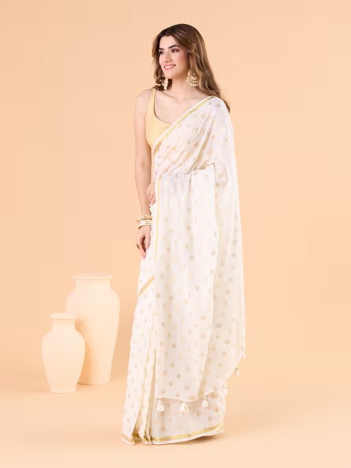 Viscose Saree with Golden Buti Dots and Elegant Golden Border
