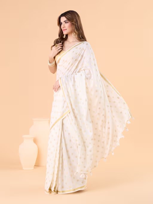 Viscose Saree with Golden Buti Dots and Elegant Golden Border