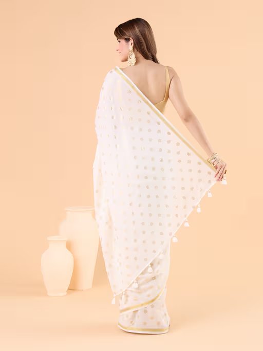 Viscose Saree with Golden Buti Dots and Elegant Golden Border