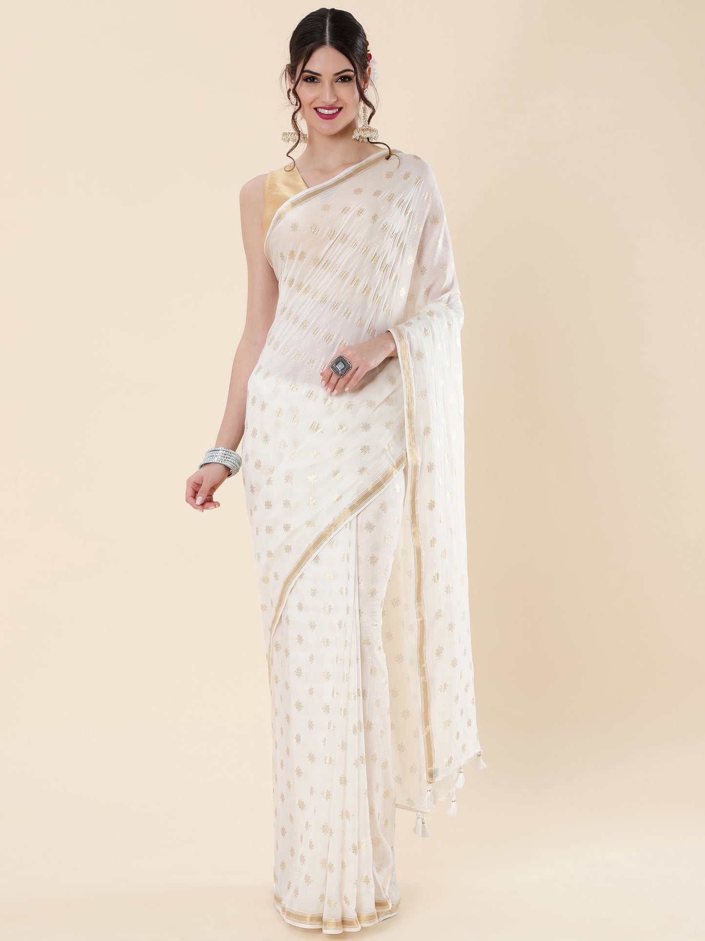 Viscose Saree with Golden Buti Dots and Elegant Golden Border