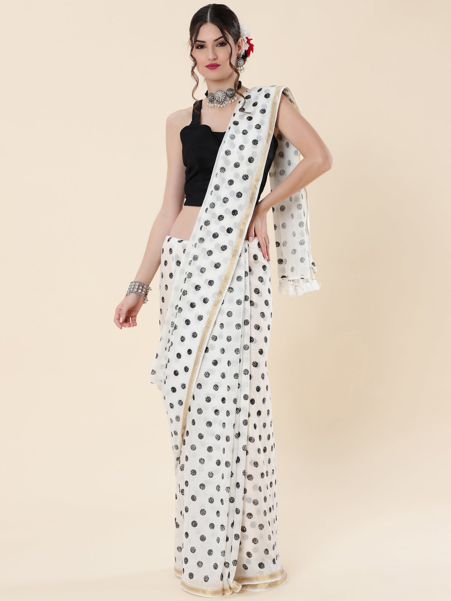 Viscose Saree with Black Dots and Golden Border