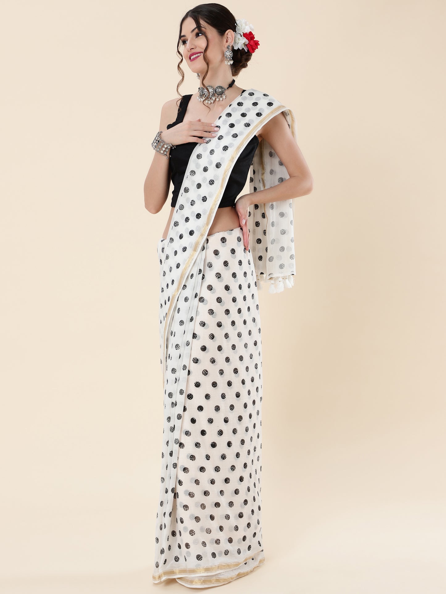 Viscose Saree with Black Dots and Golden Border