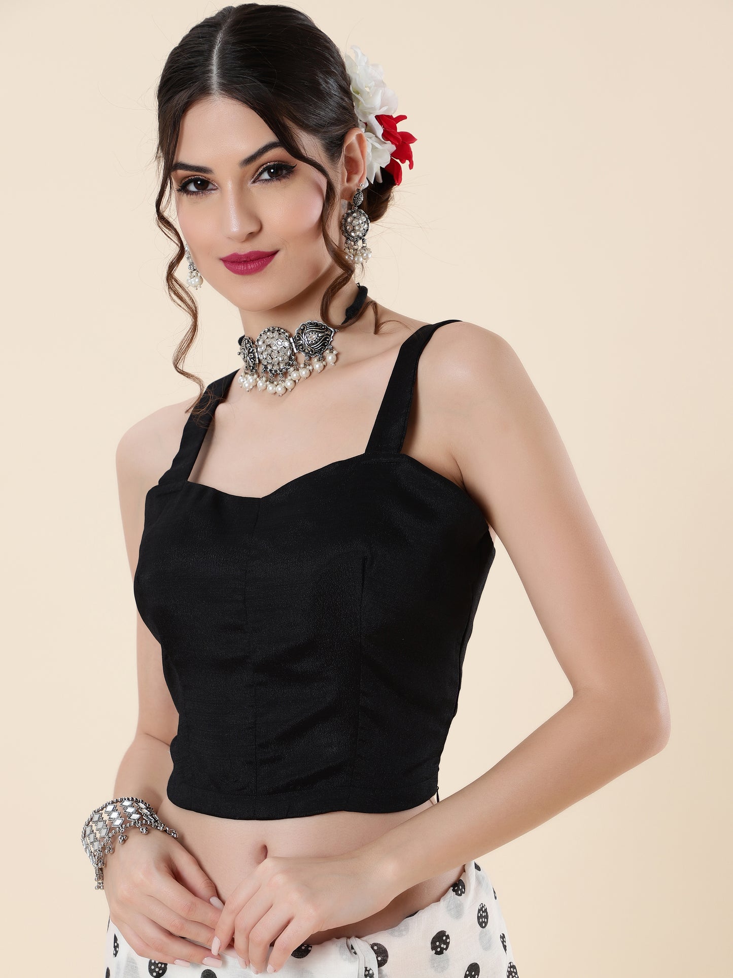 Viscose Saree with Black Dots and Golden Border