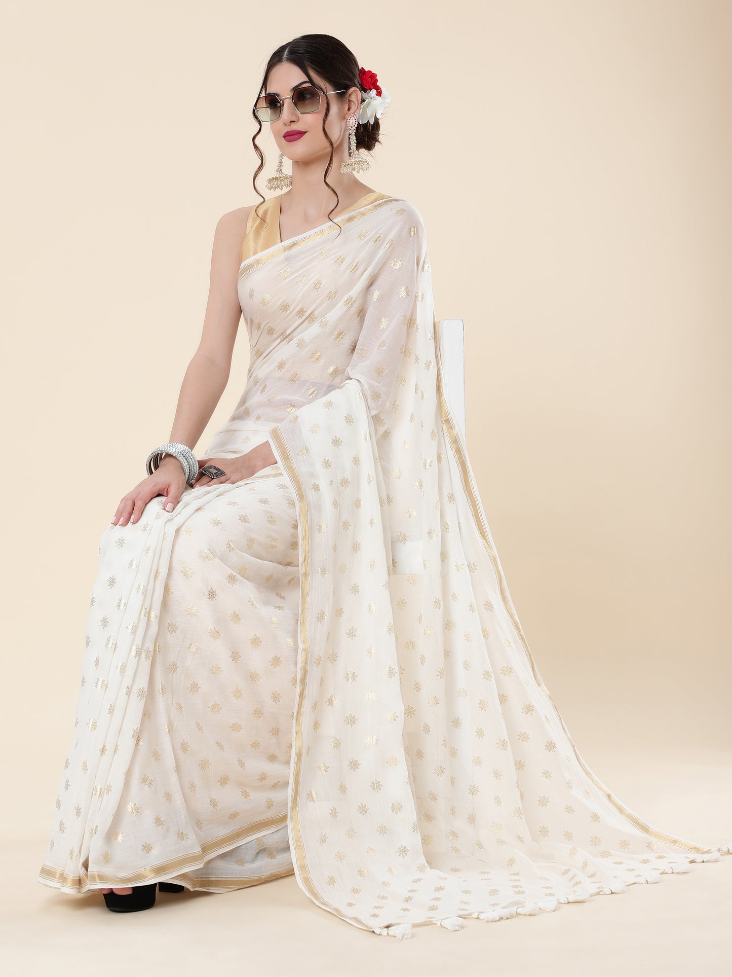 Viscose Saree with Golden Buti Dots and Elegant Golden Border