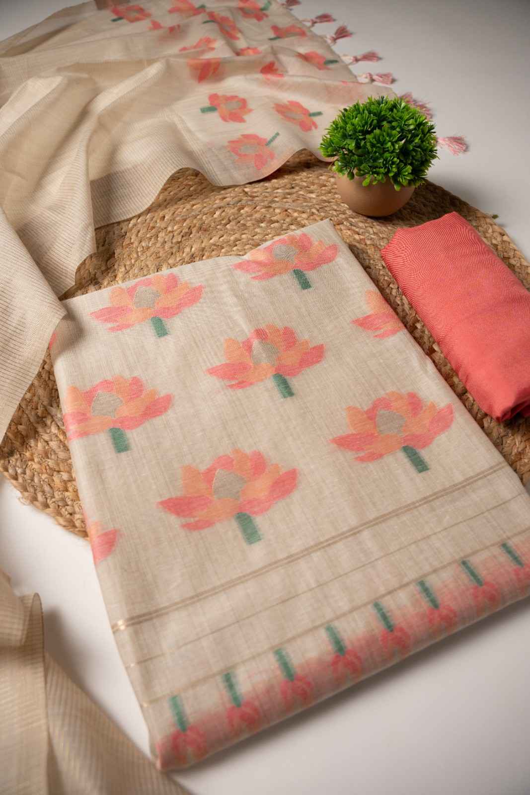JAMDANI MUL COTTAN SILK 3piece Unstiched Suit- Top, Bottom & Dupatta