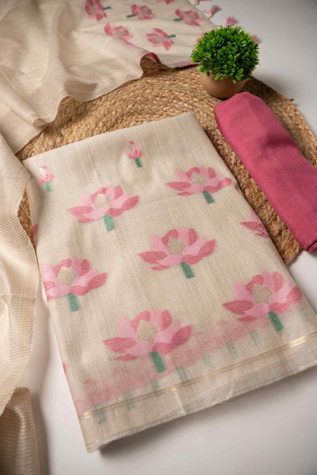 JAMDANI MUL COTTAN SILK 3piece Unstiched Suit- Top, Bottom & Dupatta