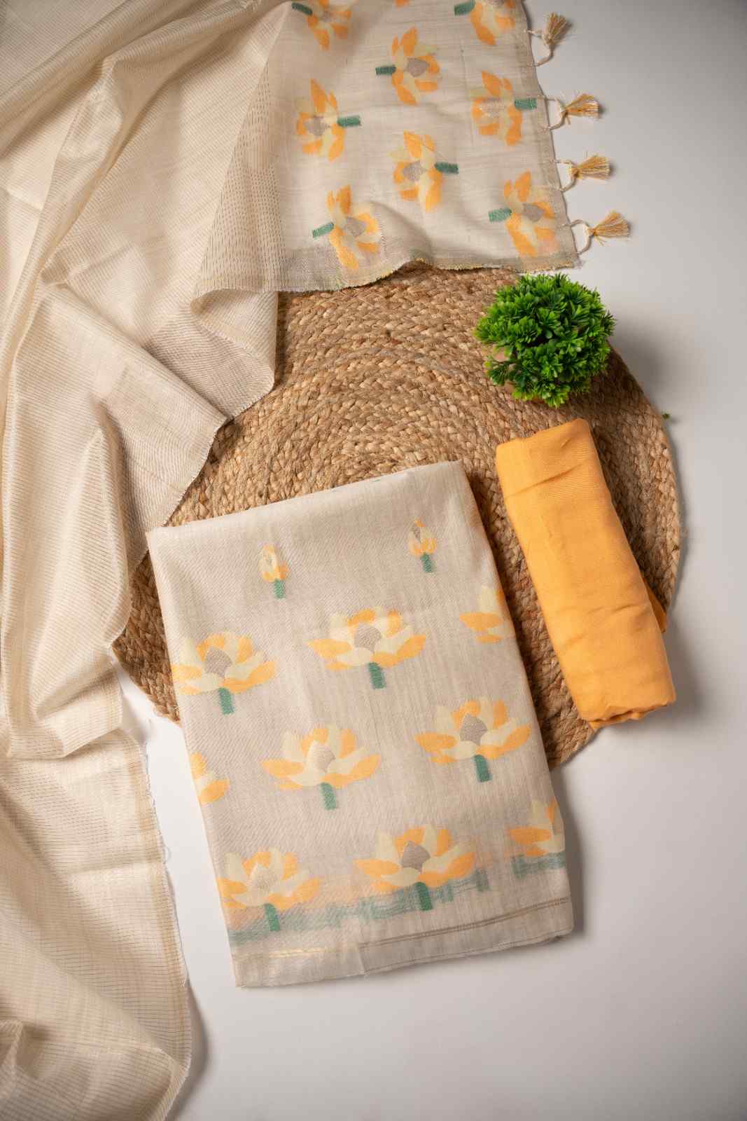 JAMDANI MUL COTTAN SILK 3piece Unstiched Suit- Top, Bottom & Dupatta