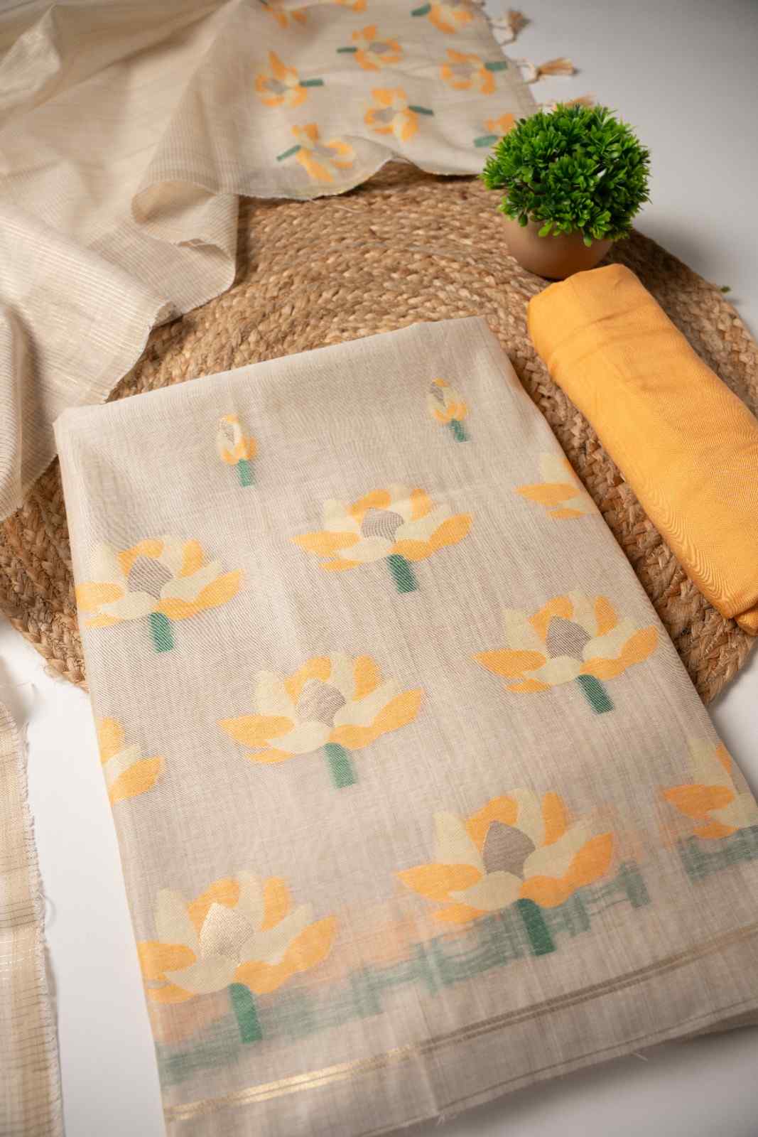 JAMDANI MUL COTTAN SILK 3piece Unstiched Suit- Top, Bottom & Dupatta