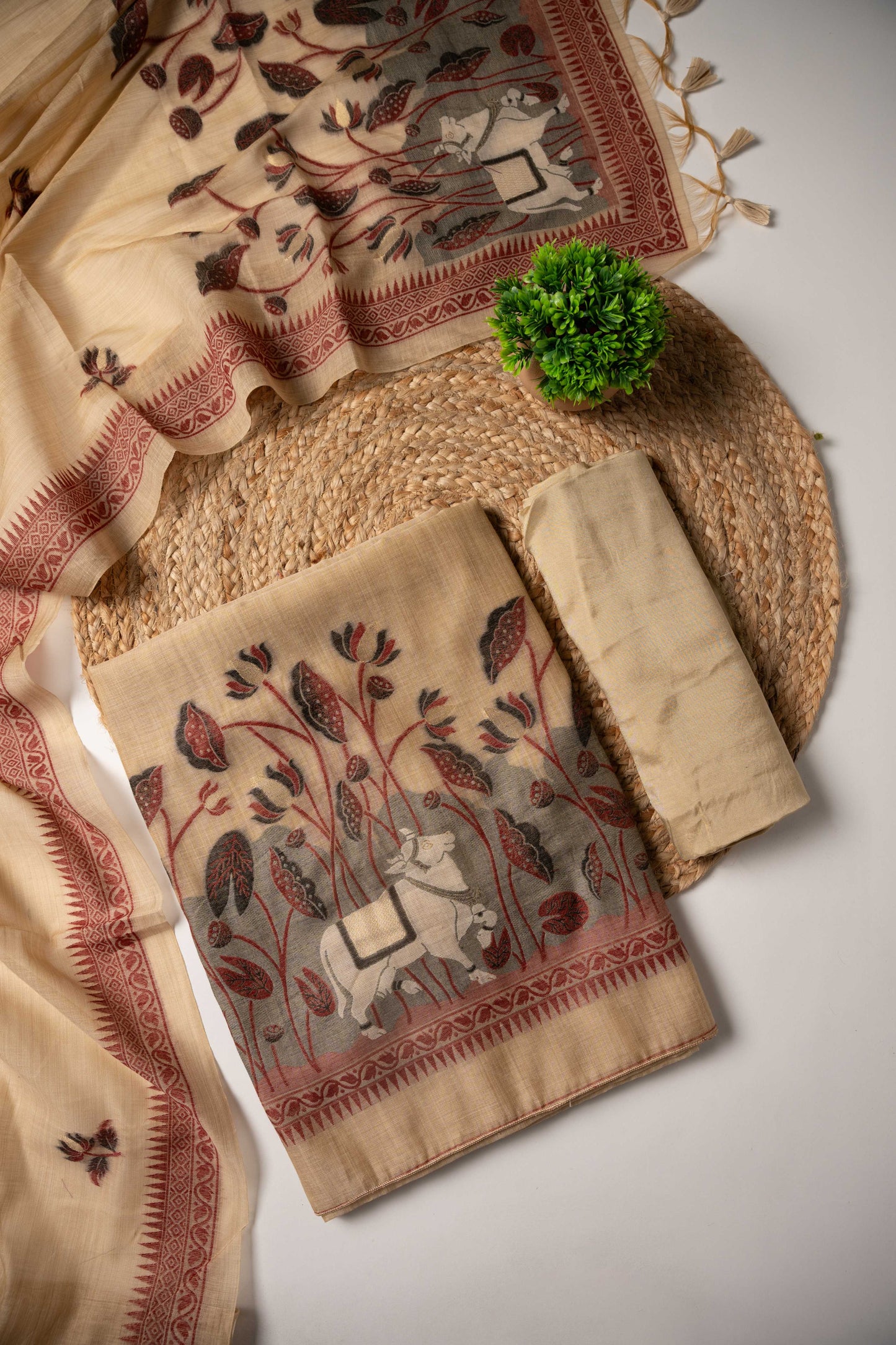 JAMDANI MUL COTTAN SILK 3piece Unstiched Suit- Top, Bottom & Dupatta
