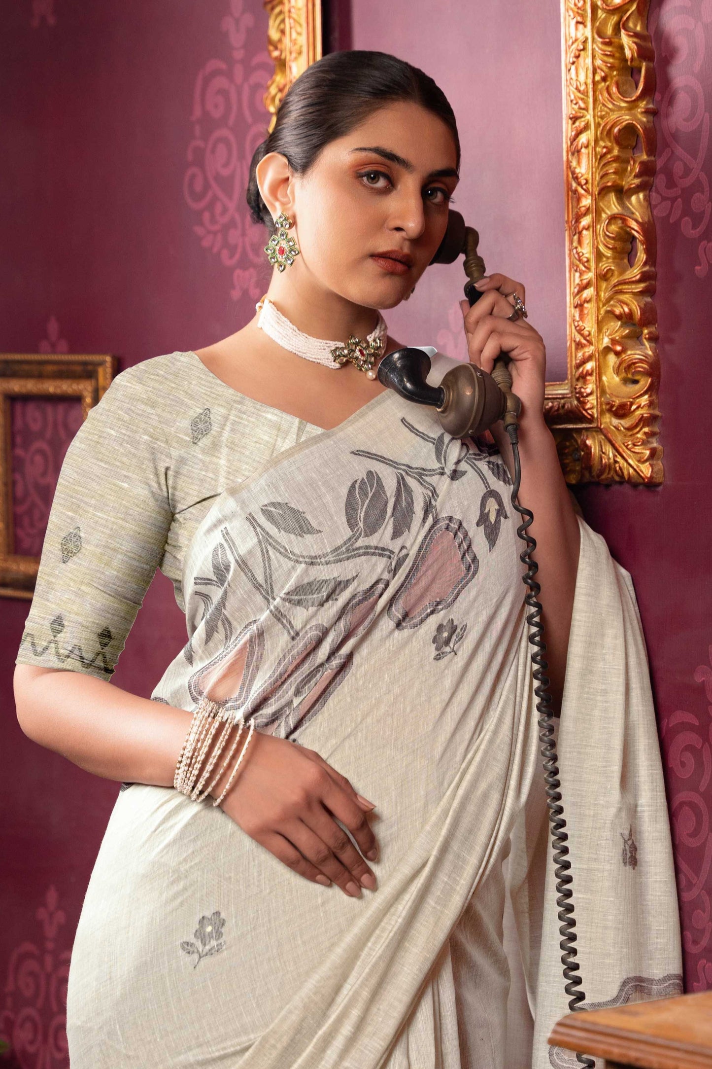 RUBY Beige Mul Cotton Silk JAMDANI Sarees