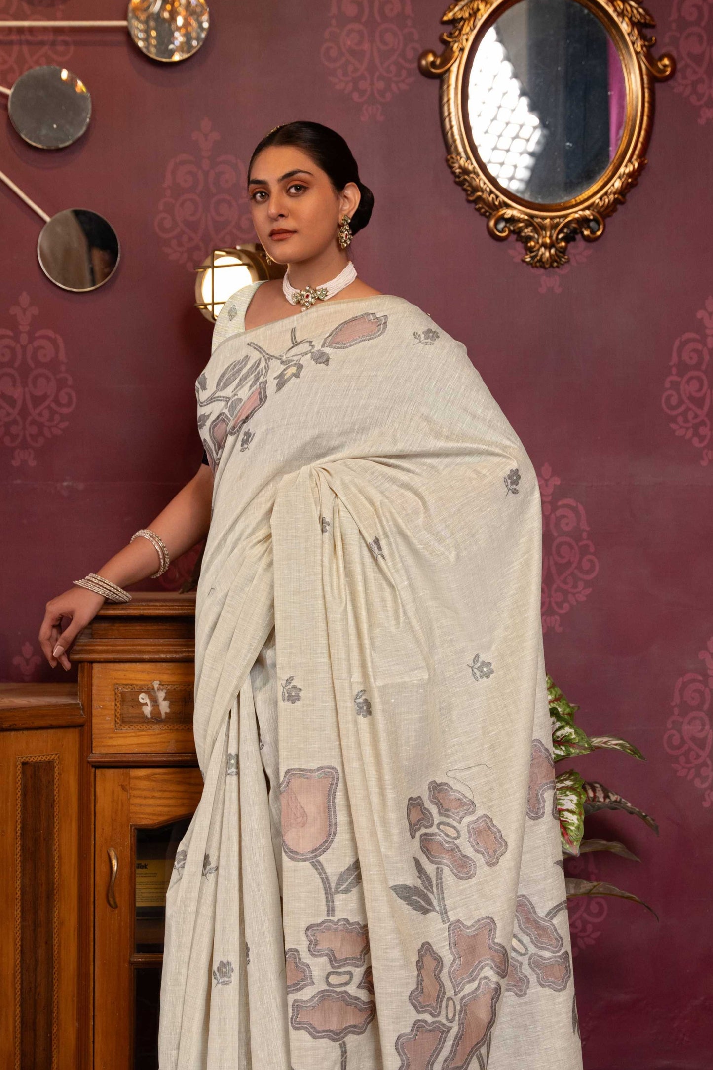 RUBY Beige Mul Cotton Silk JAMDANI Sarees