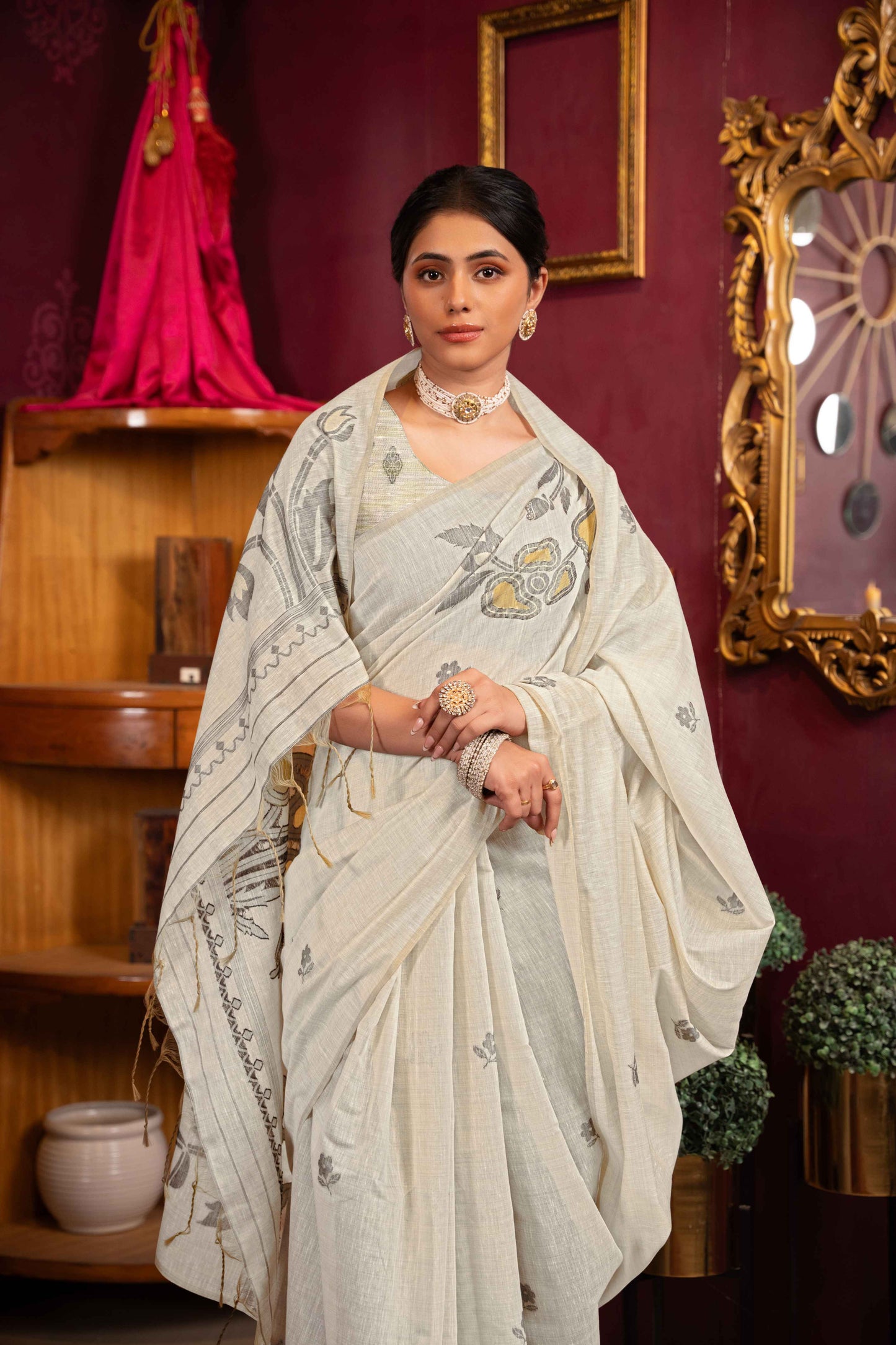 RUBY Beige Mul Cotton Silk JAMDANI Sarees