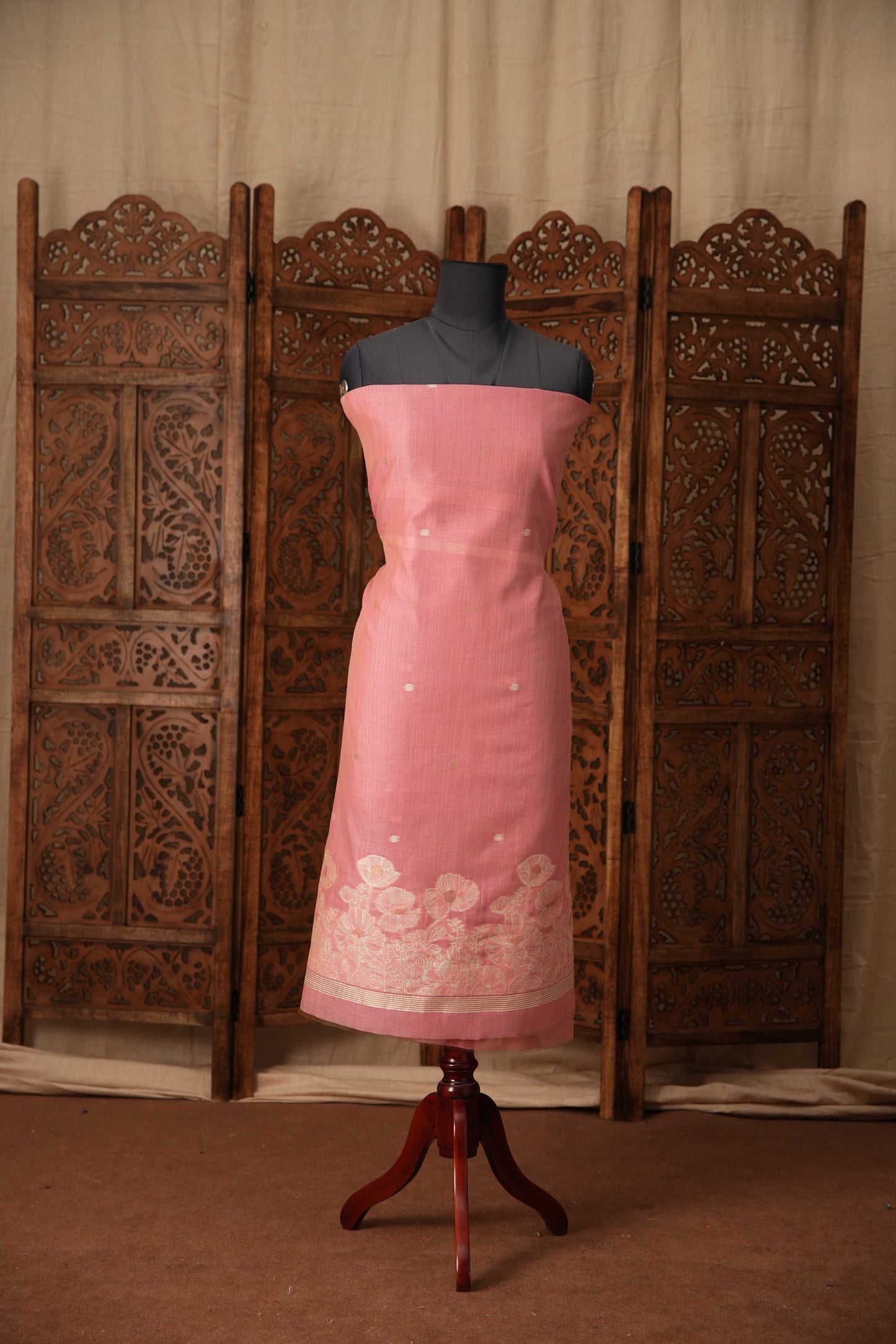 JAMDANI 3 piece suit(Top,Bottom & Dupatta) 2007 | Beige pink mul | Unstiched Suit