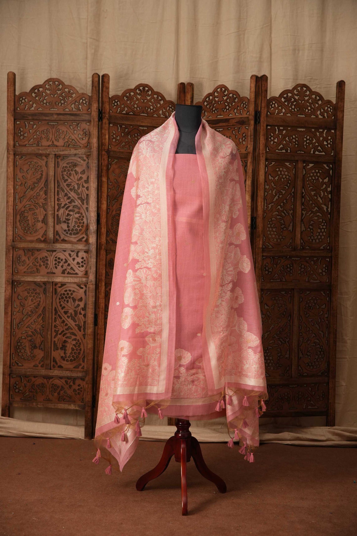 JAMDANI 3 piece suit(Top,Bottom & Dupatta) 2007 | Beige pink mul | Unstiched Suit