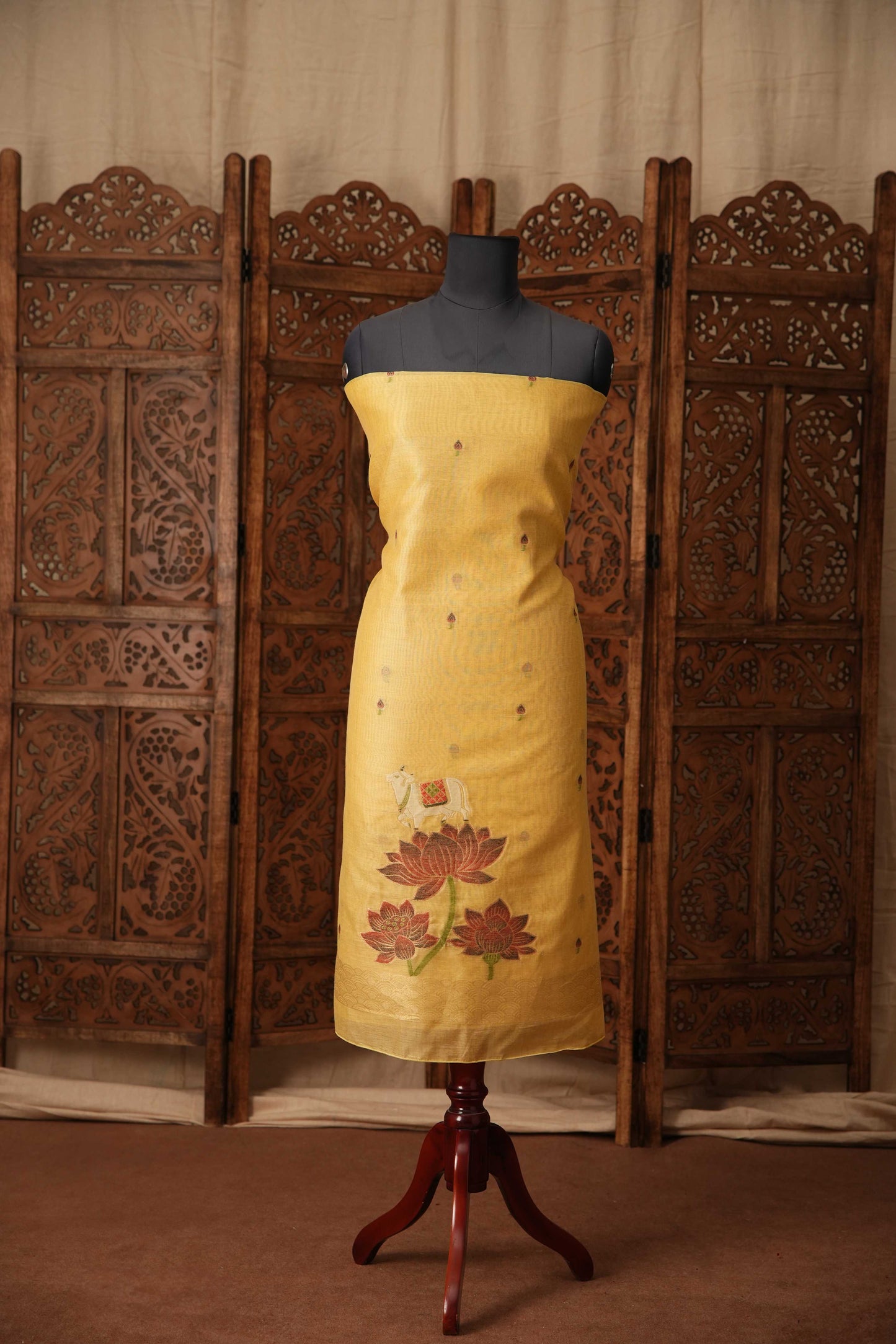 Jamdani Mul Cotton Silk 3 Piece Unstitched Suit – Beige & Yellow