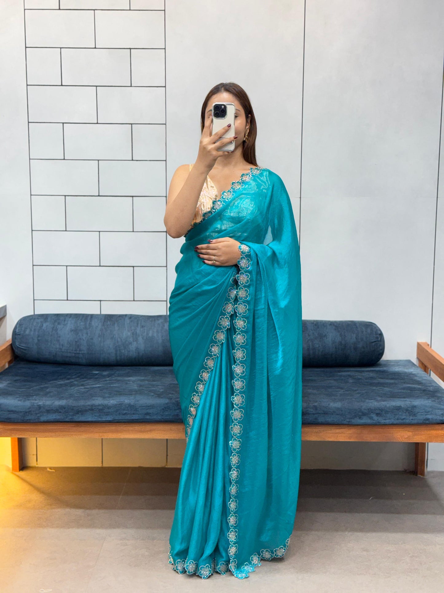 Flower Port Cut Dana Diamond Panel Work Tissue Saree