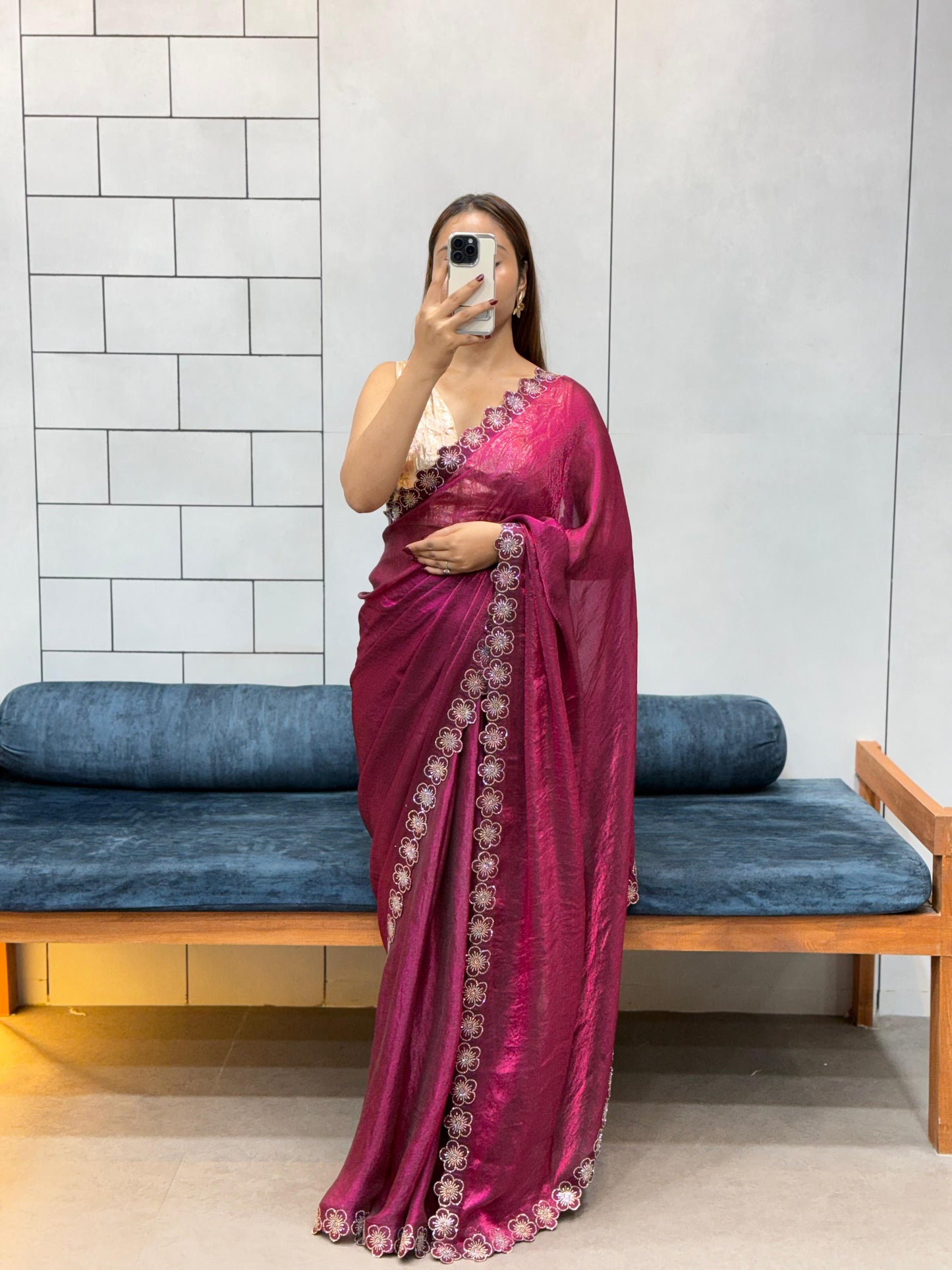 Flower Port Cut Dana Diamond Panel Work Tissue Saree