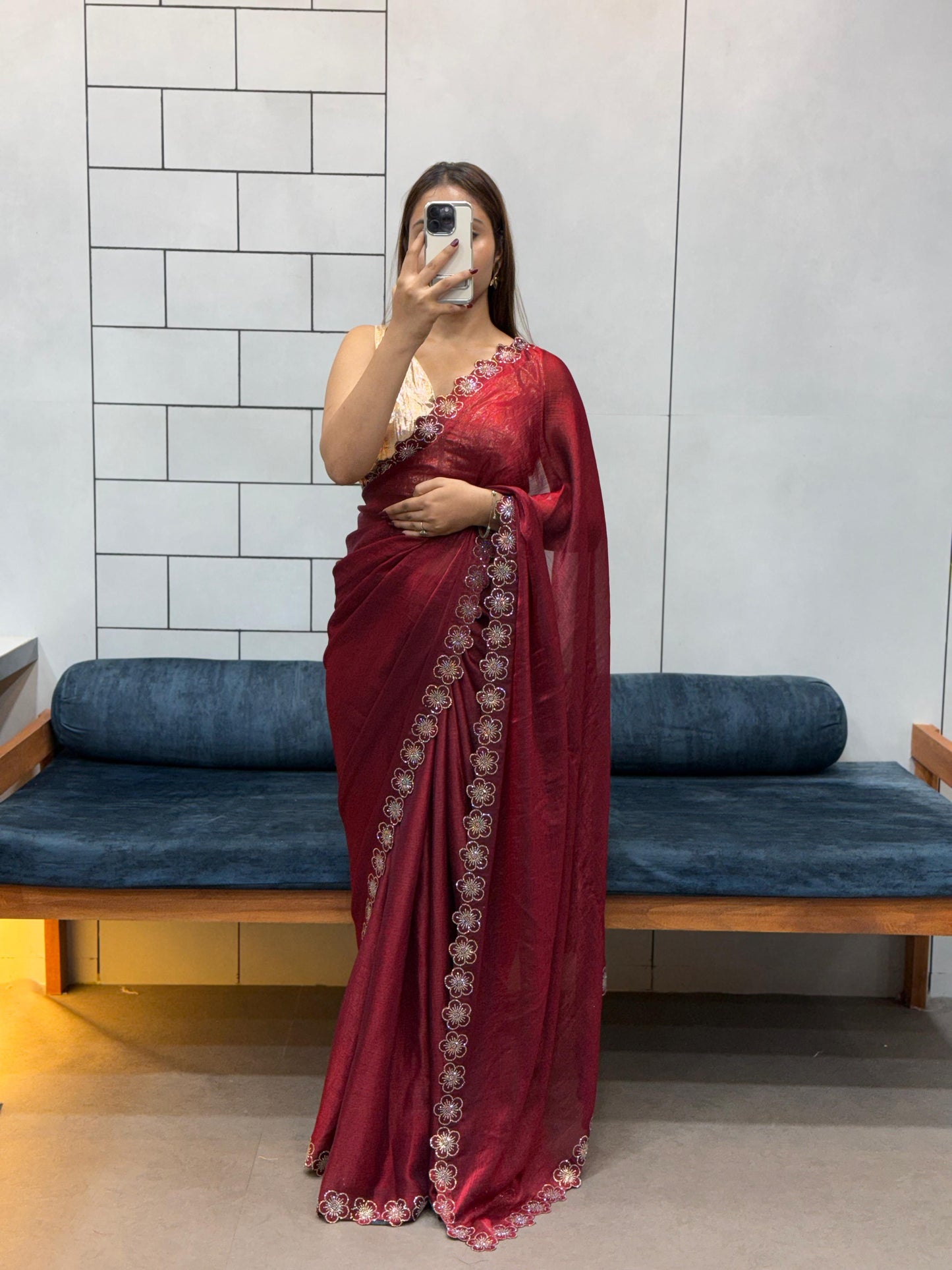 Flower Port Cut Dana Diamond Panel Work Tissue Saree
