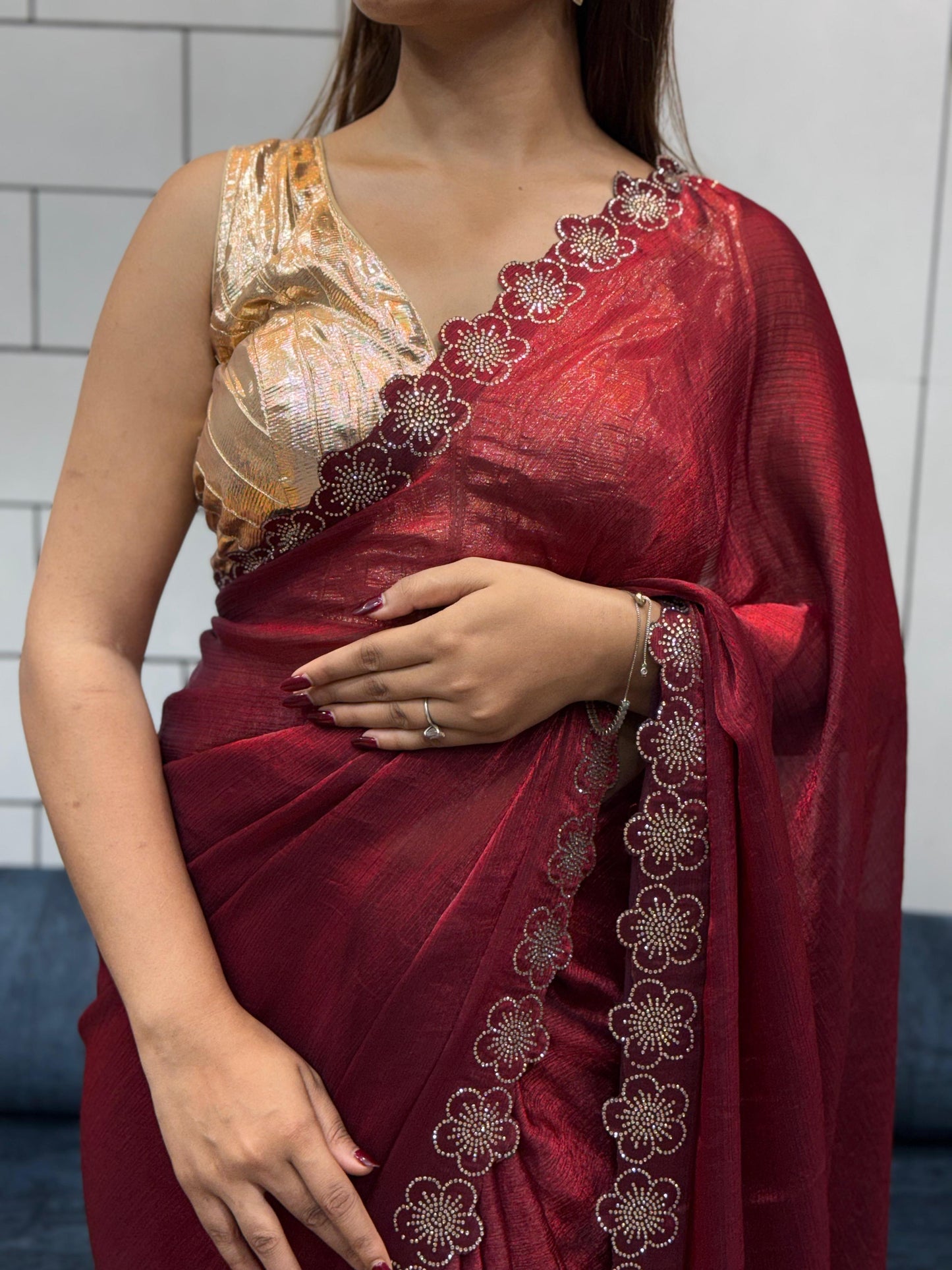 Flower Port Cut Dana Diamond Panel Work Tissue Saree