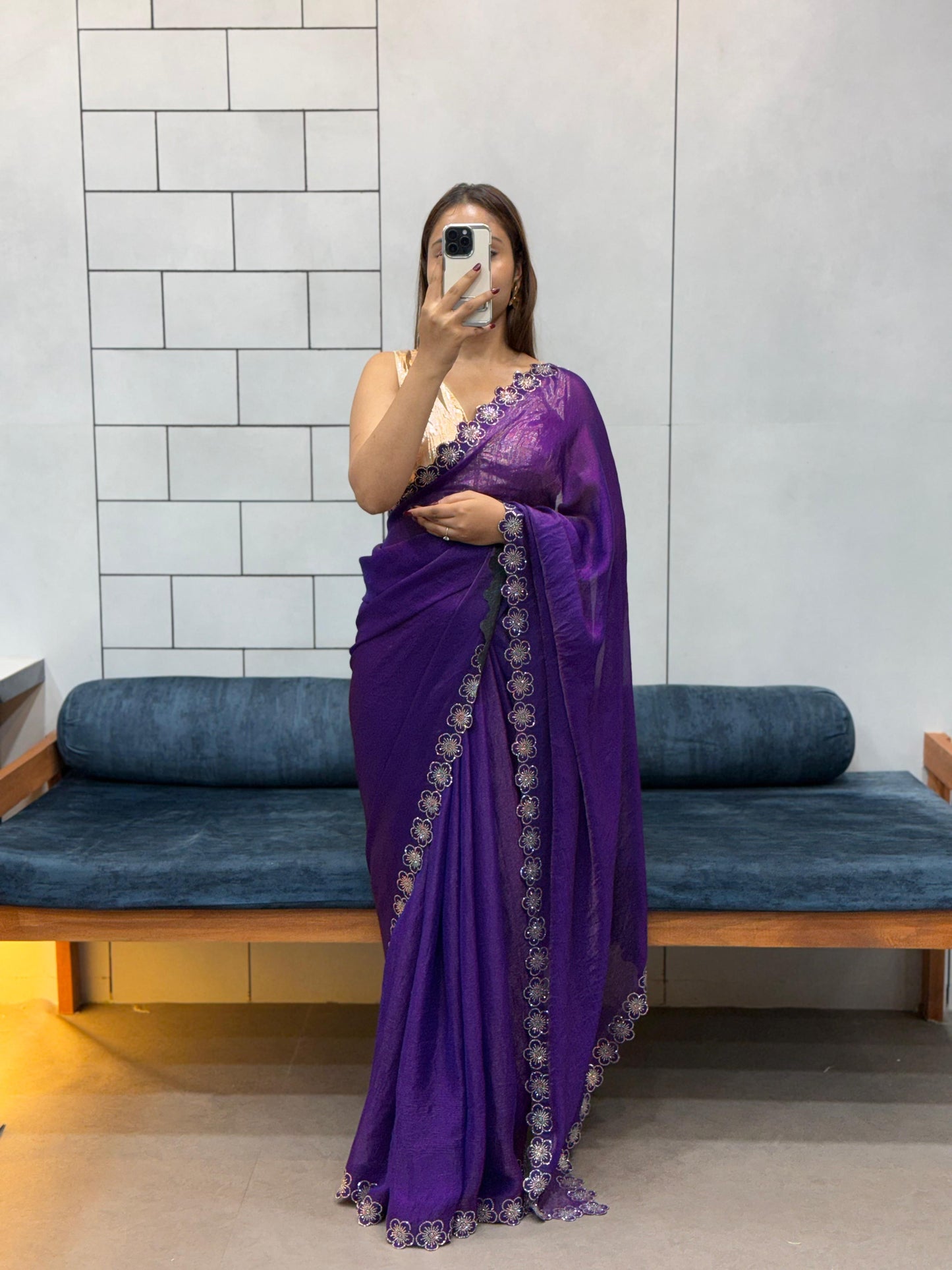 Flower Port Cut Dana Diamond Panel Work Tissue Saree
