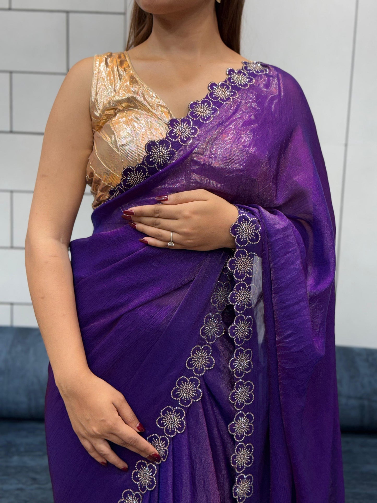 Flower Port Cut Dana Diamond Panel Work Tissue Saree