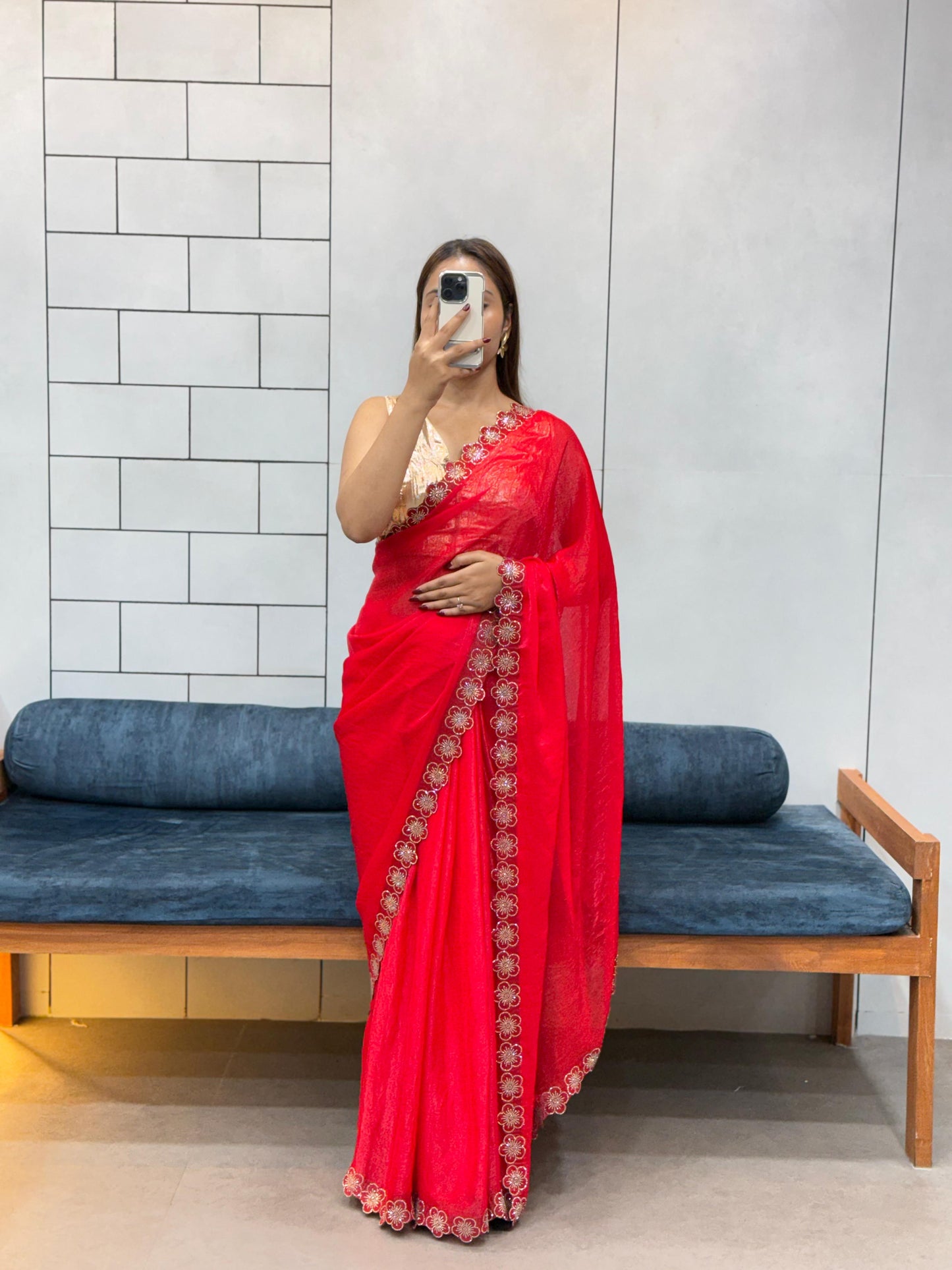 Flower Port Cut Dana Diamond Panel Work Tissue Saree