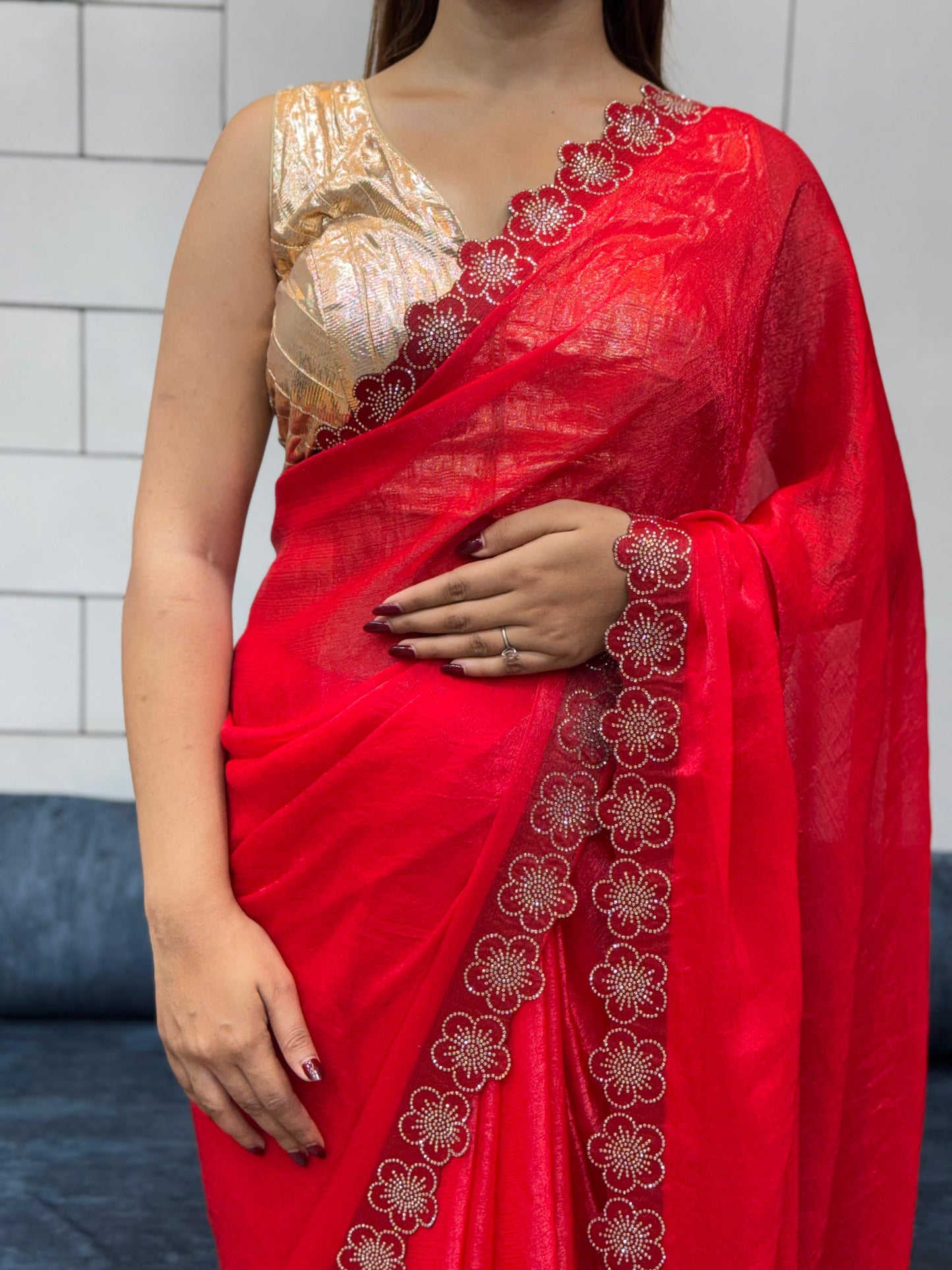 Flower Port Cut Dana Diamond Panel Work Tissue Saree