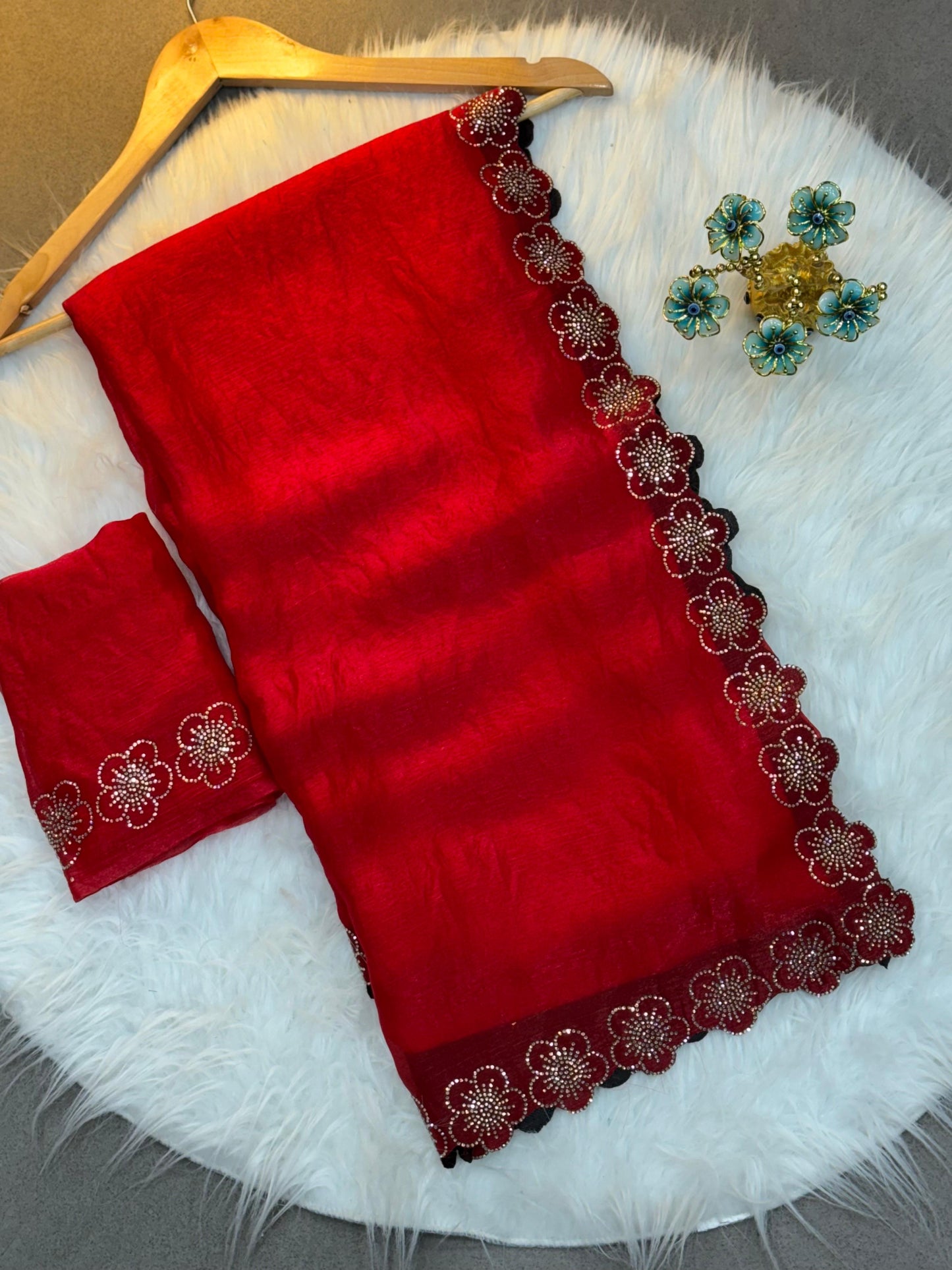Flower Port Cut Dana Diamond Panel Work Tissue Saree