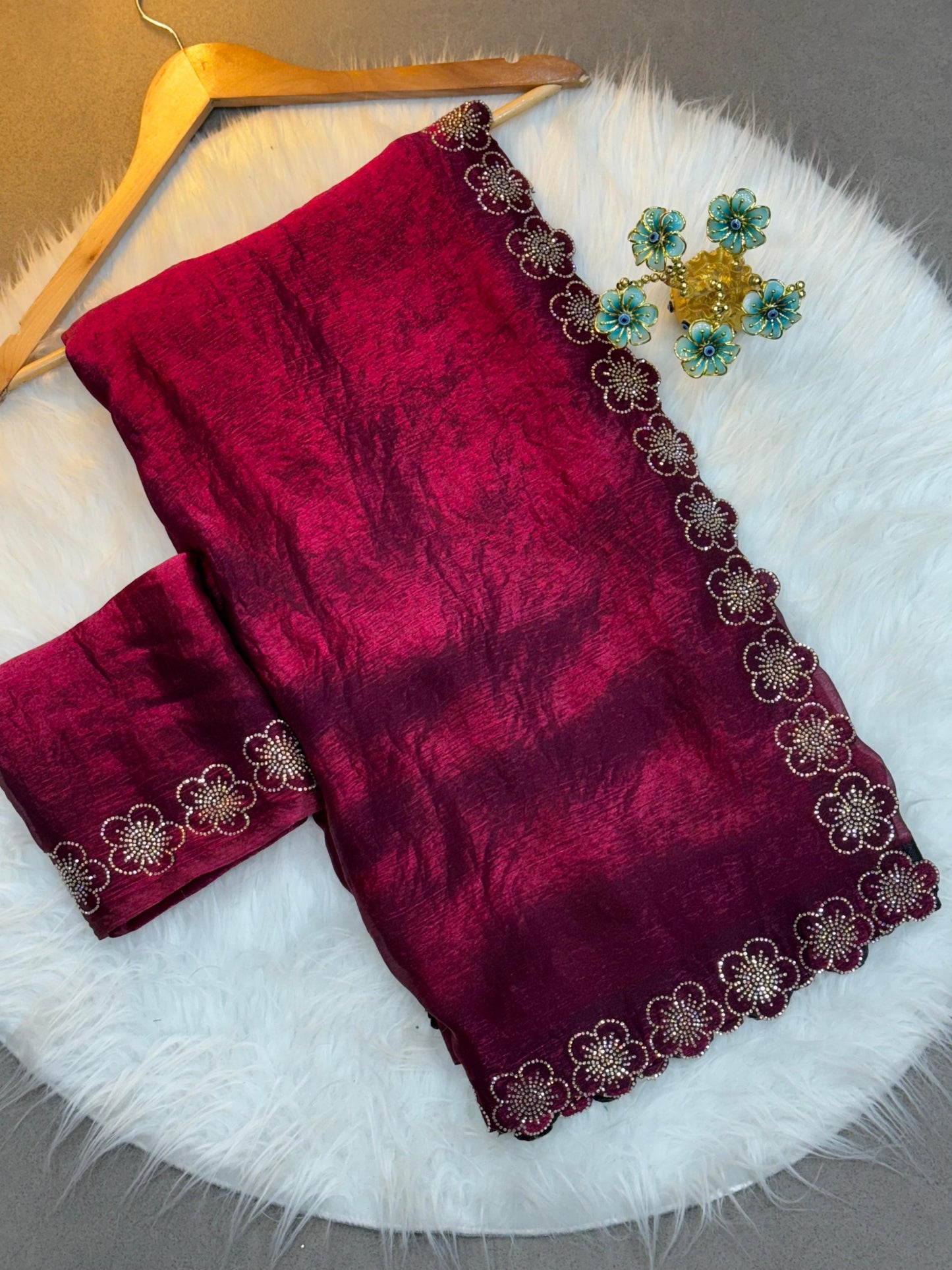 Flower Port Cut Dana Diamond Panel Work Tissue Saree