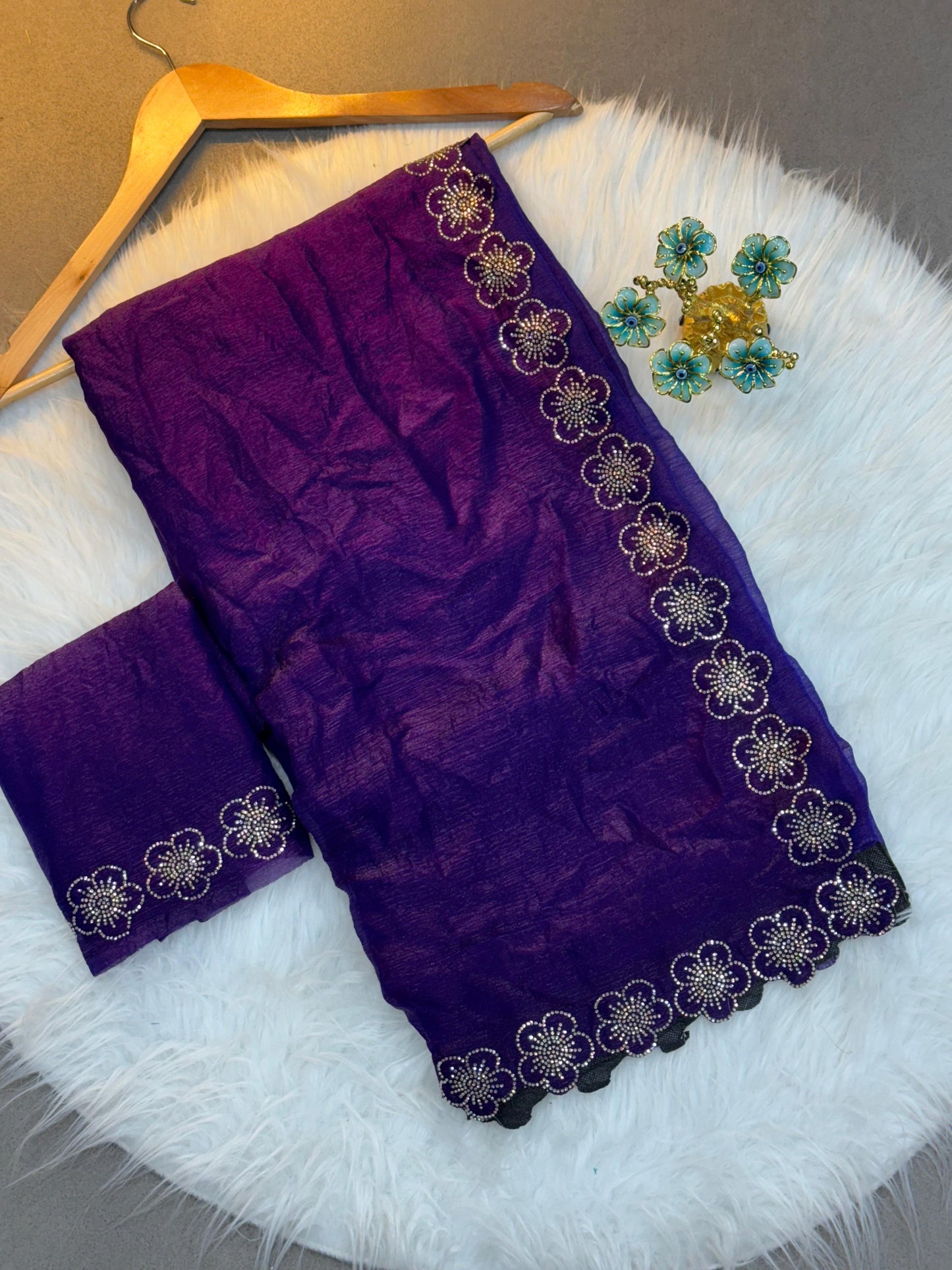 Flower Port Cut Dana Diamond Panel Work Tissue Saree