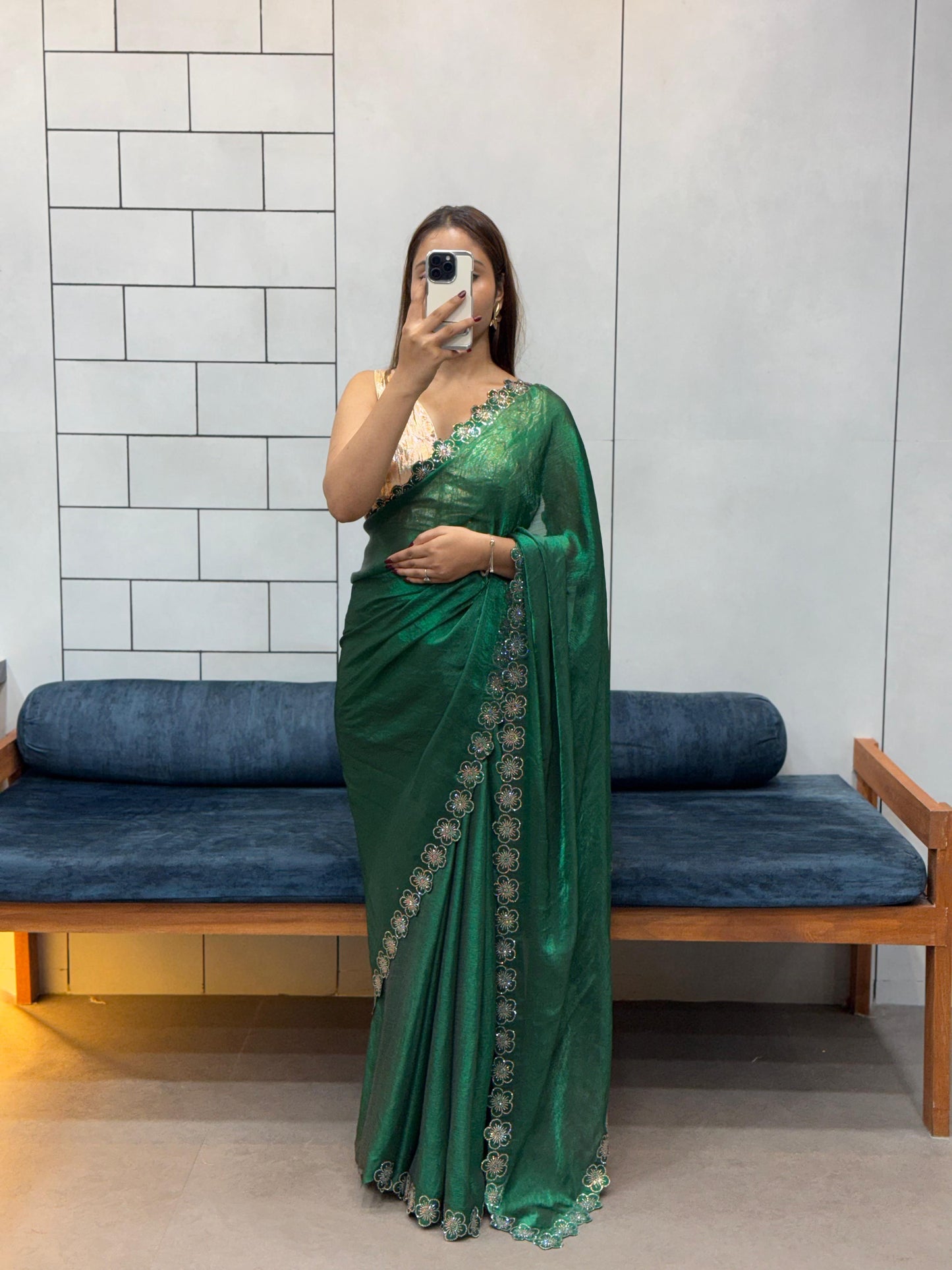 Flower Port Cut Dana Diamond Panel Work Tissue Saree