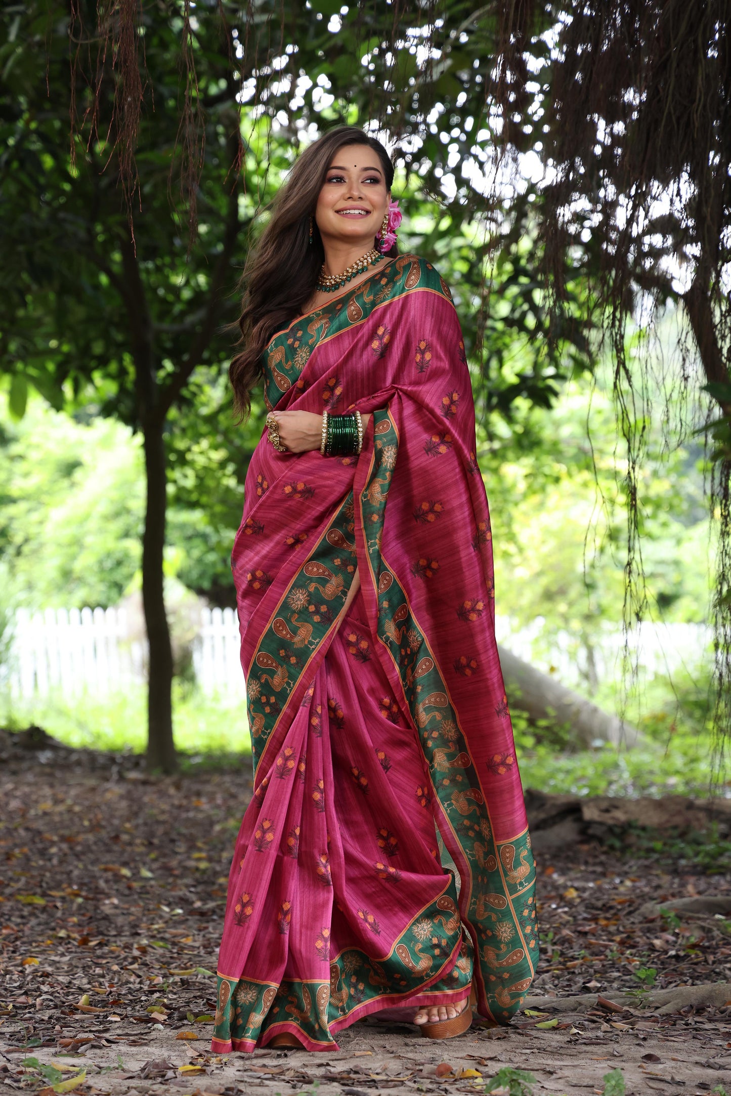 Soft Tussar Silk Saree with Exquisite Peacock & Pichwai Prints – 5 Colour Variants