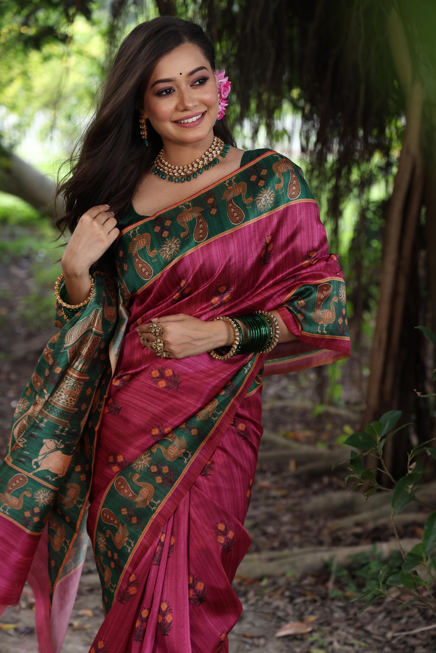 Soft Tussar Silk Saree with Exquisite Peacock & Pichwai Prints – 5 Colour Variants