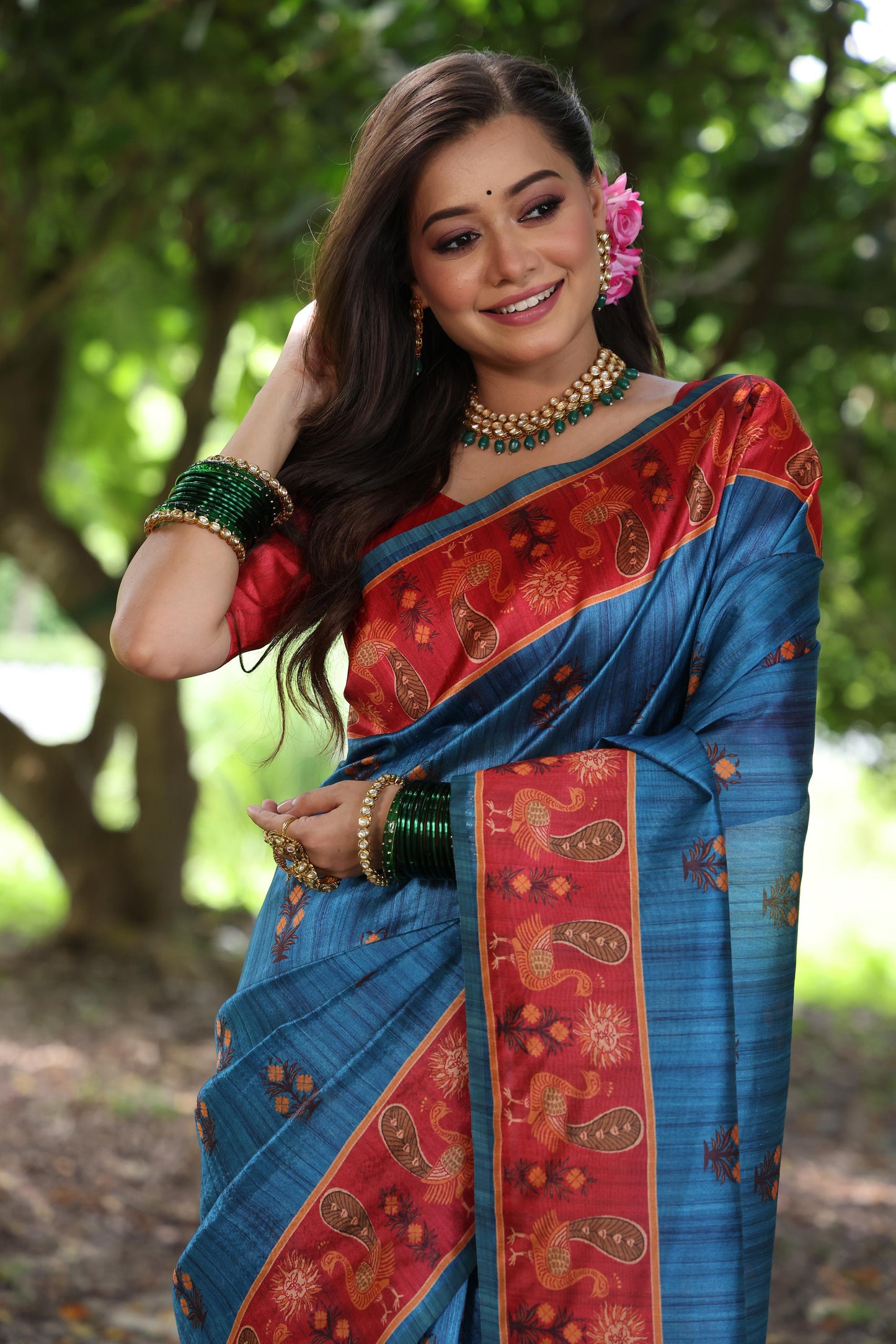 Soft Tussar Silk Saree with Exquisite Peacock & Pichwai Prints – 5 Colour Variants