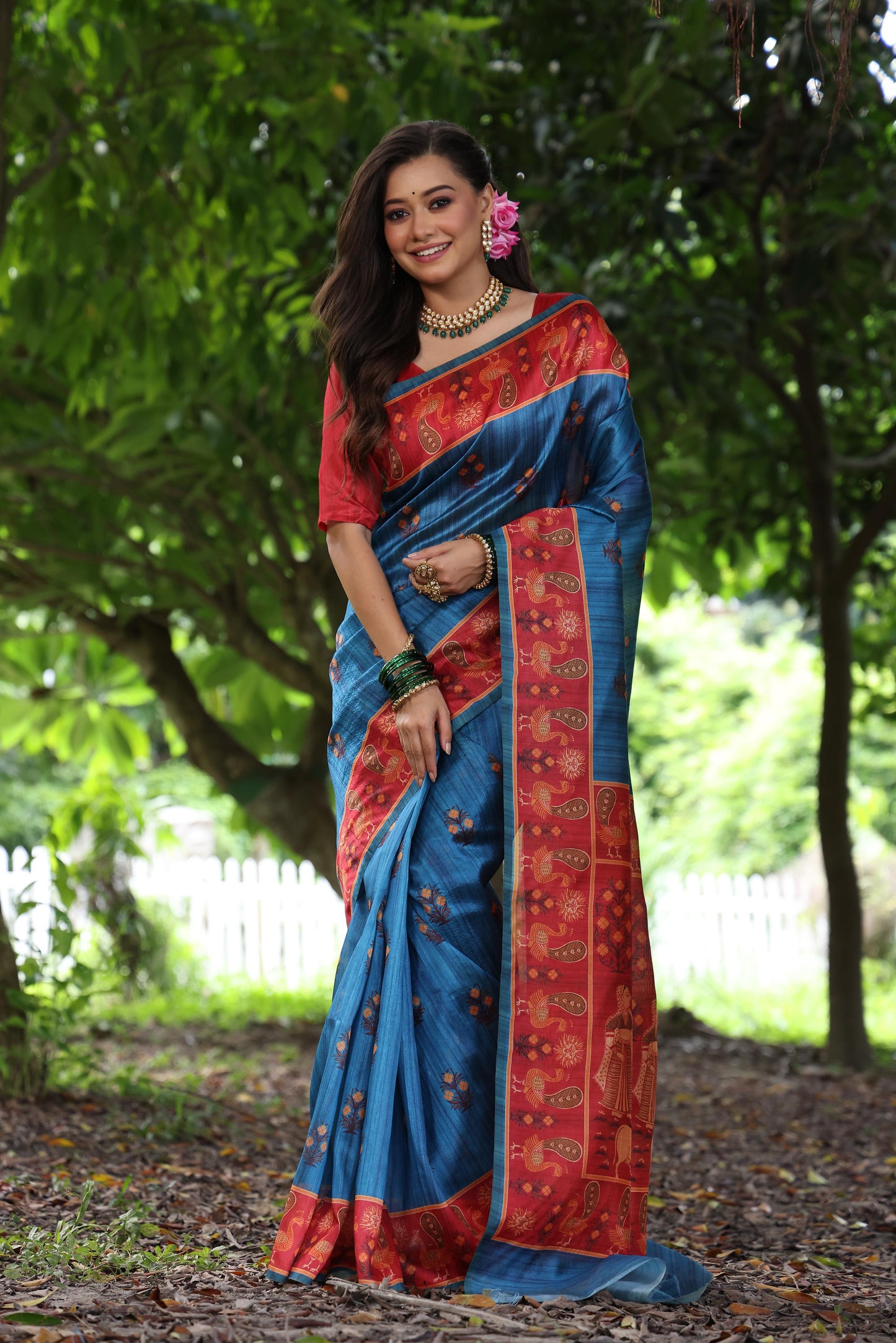 Soft Tussar Silk Saree with Exquisite Peacock & Pichwai Prints – 5 Colour Variants