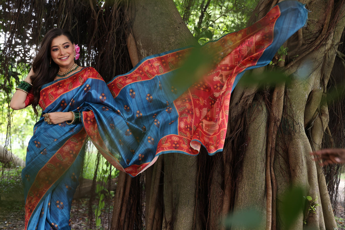 Soft Tussar Silk Saree with Exquisite Peacock & Pichwai Prints – 5 Colour Variants