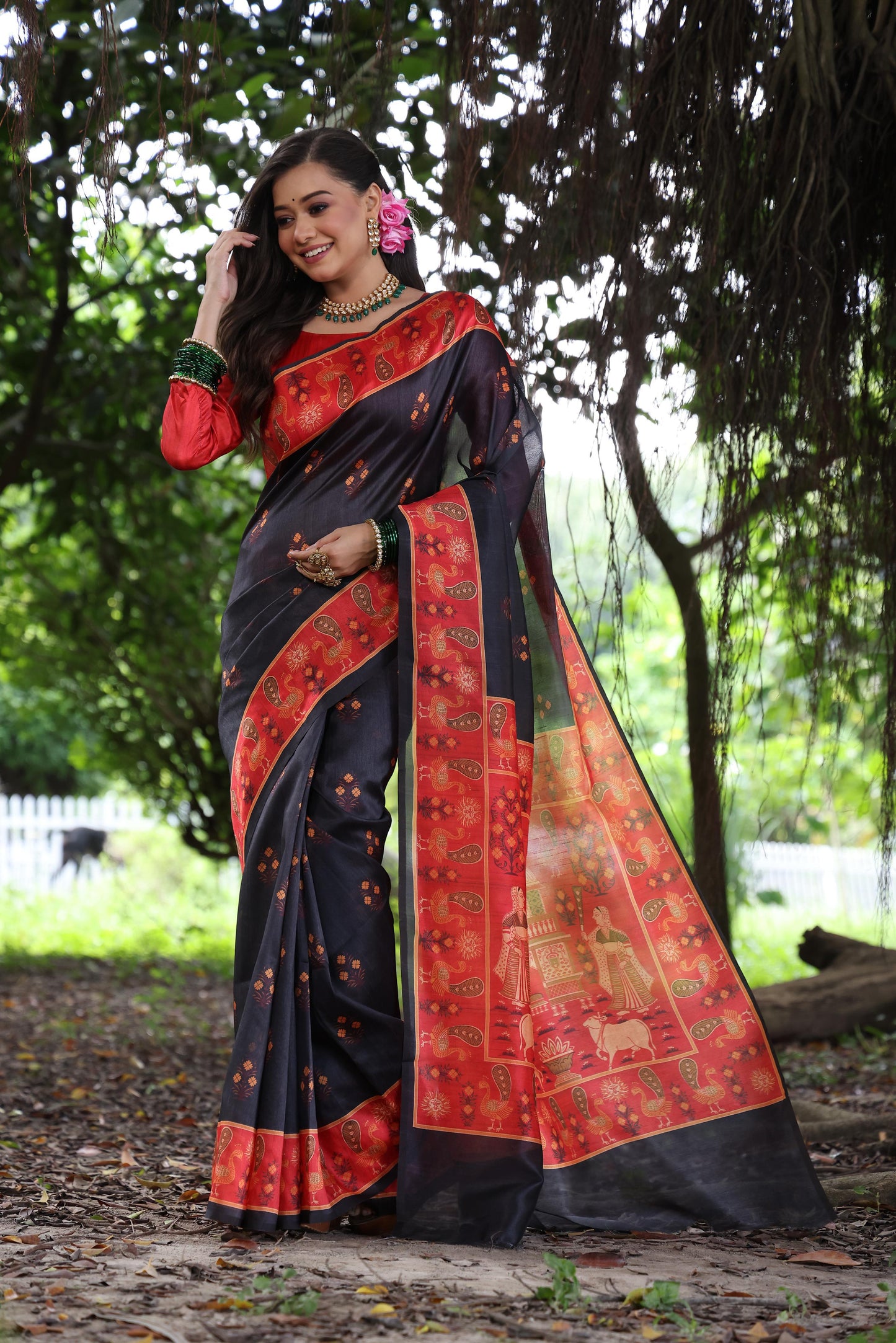 Soft Tussar Silk Saree with Exquisite Peacock & Pichwai Prints – 5 Colour Variants