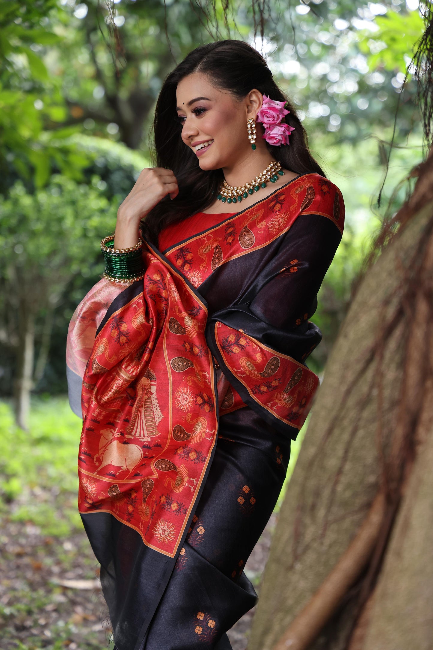 Soft Tussar Silk Saree with Exquisite Peacock & Pichwai Prints – 5 Colour Variants