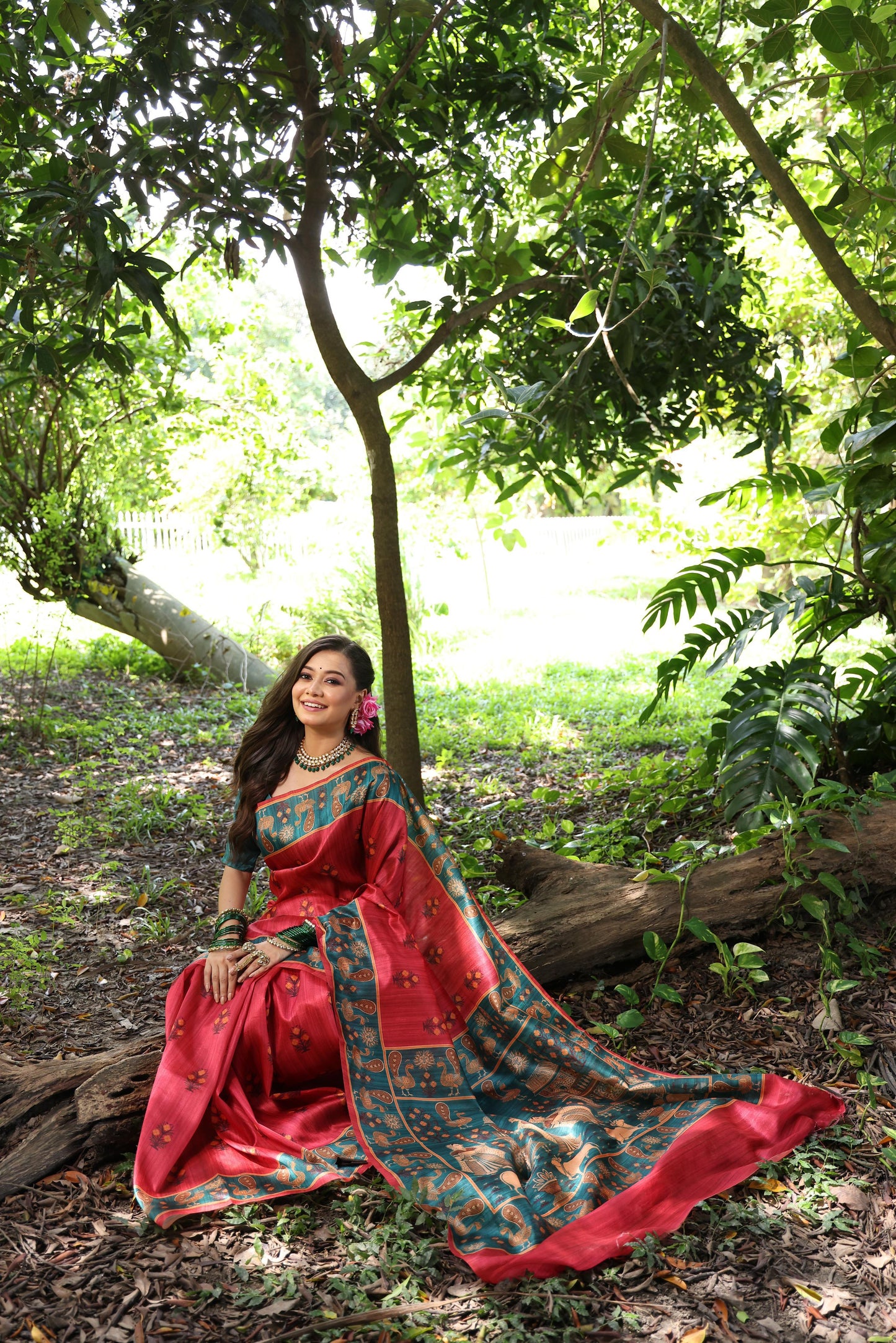 Soft Tussar Silk Saree with Exquisite Peacock & Pichwai Prints – 5 Colour Variants