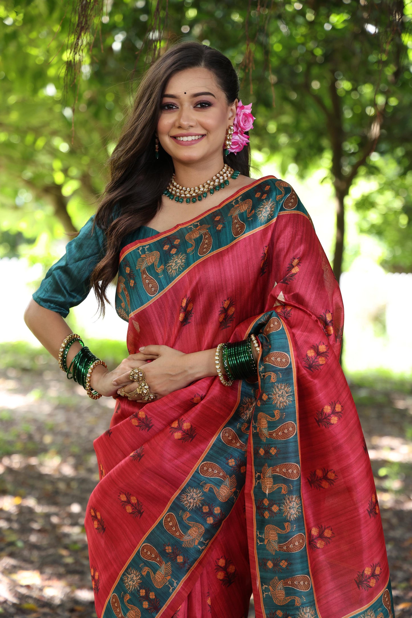 Soft Tussar Silk Saree with Exquisite Peacock & Pichwai Prints – 5 Colour Variants