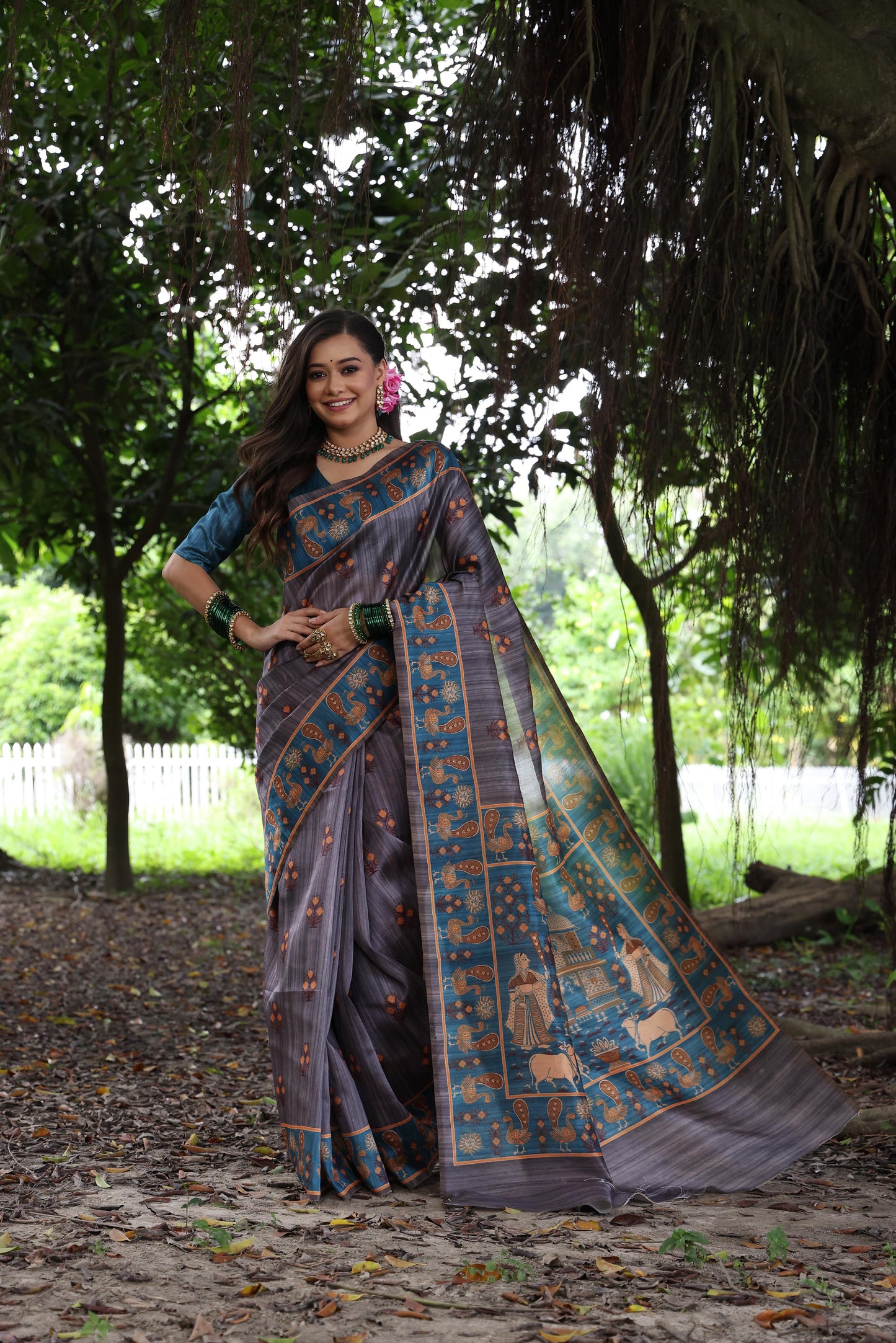 Soft Tussar Silk Saree with Exquisite Peacock & Pichwai Prints – 5 Colour Variants