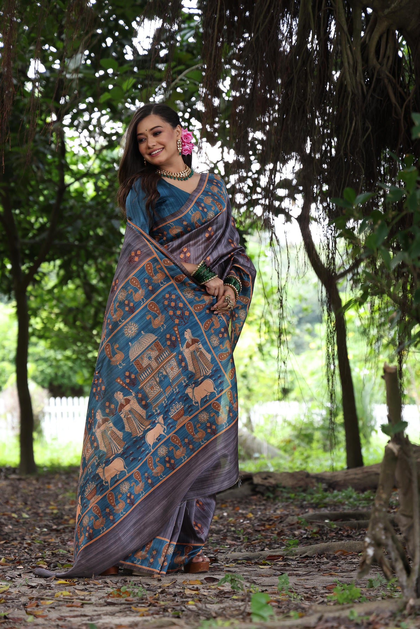 Soft Tussar Silk Saree with Exquisite Peacock & Pichwai Prints – 5 Colour Variants