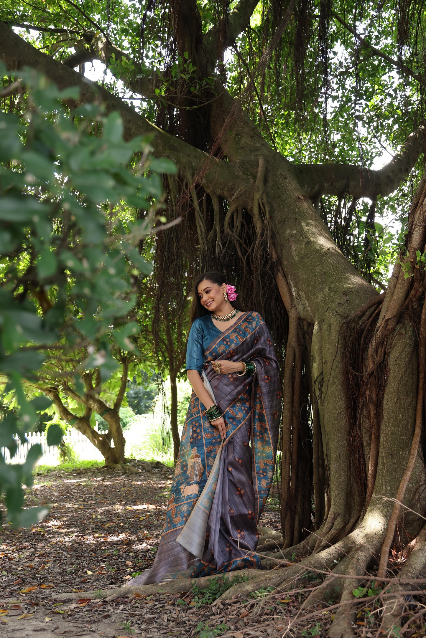 Soft Tussar Silk Saree with Exquisite Peacock & Pichwai Prints – 5 Colour Variants