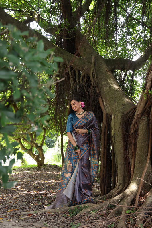 Soft Tussar Silk Saree with Exquisite Peacock & Pichwai Prints – 5 Colour Variants